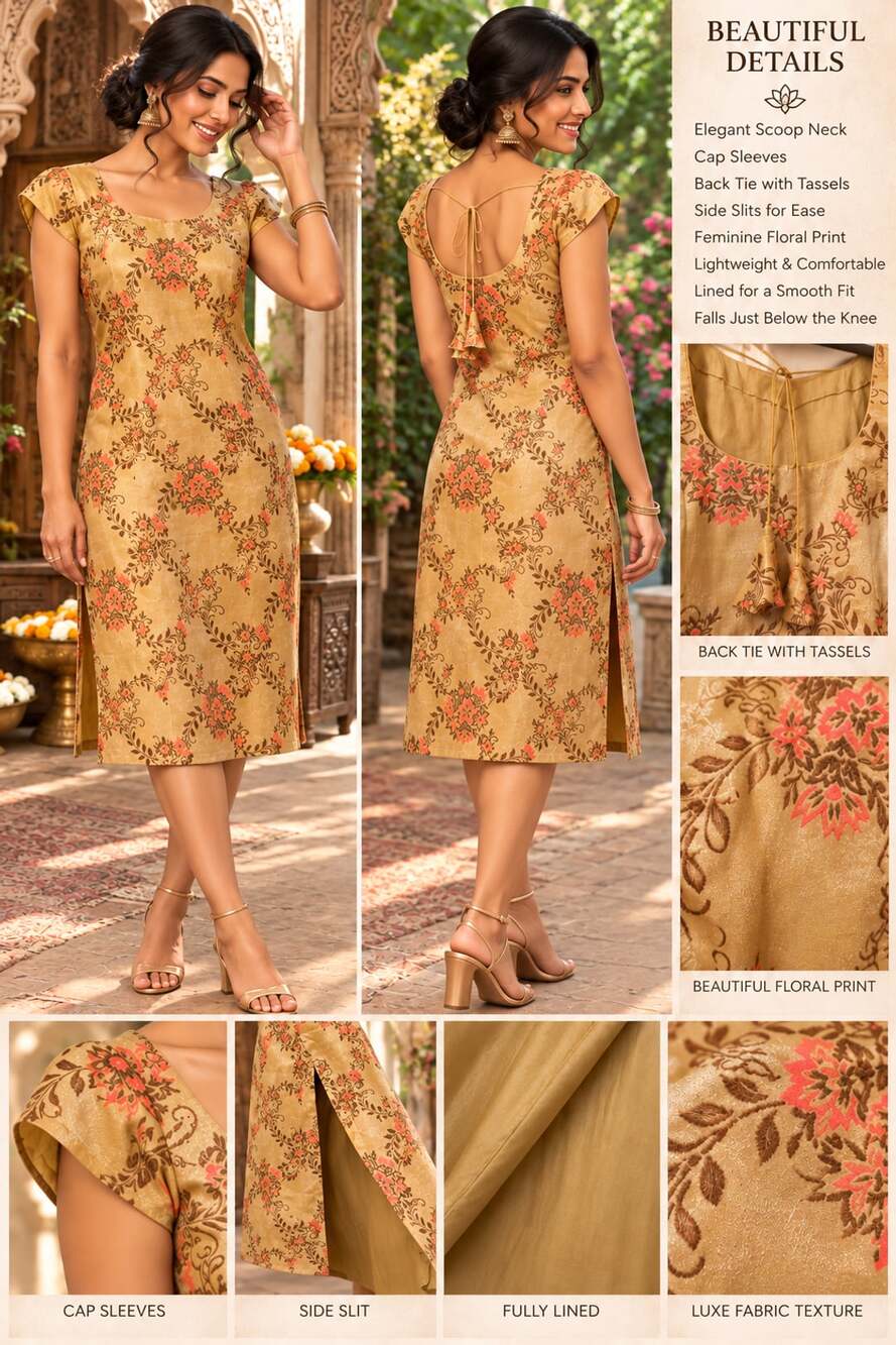 New. Floral Brocade Midi Dress Gold Scoop Neck Cap Sleeve Back Tie Tassel